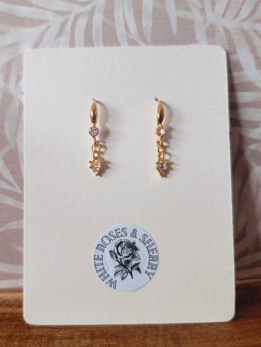 White Roses & Sherry OOAK 18K Gold Vermeil CZ Dangle Earrings